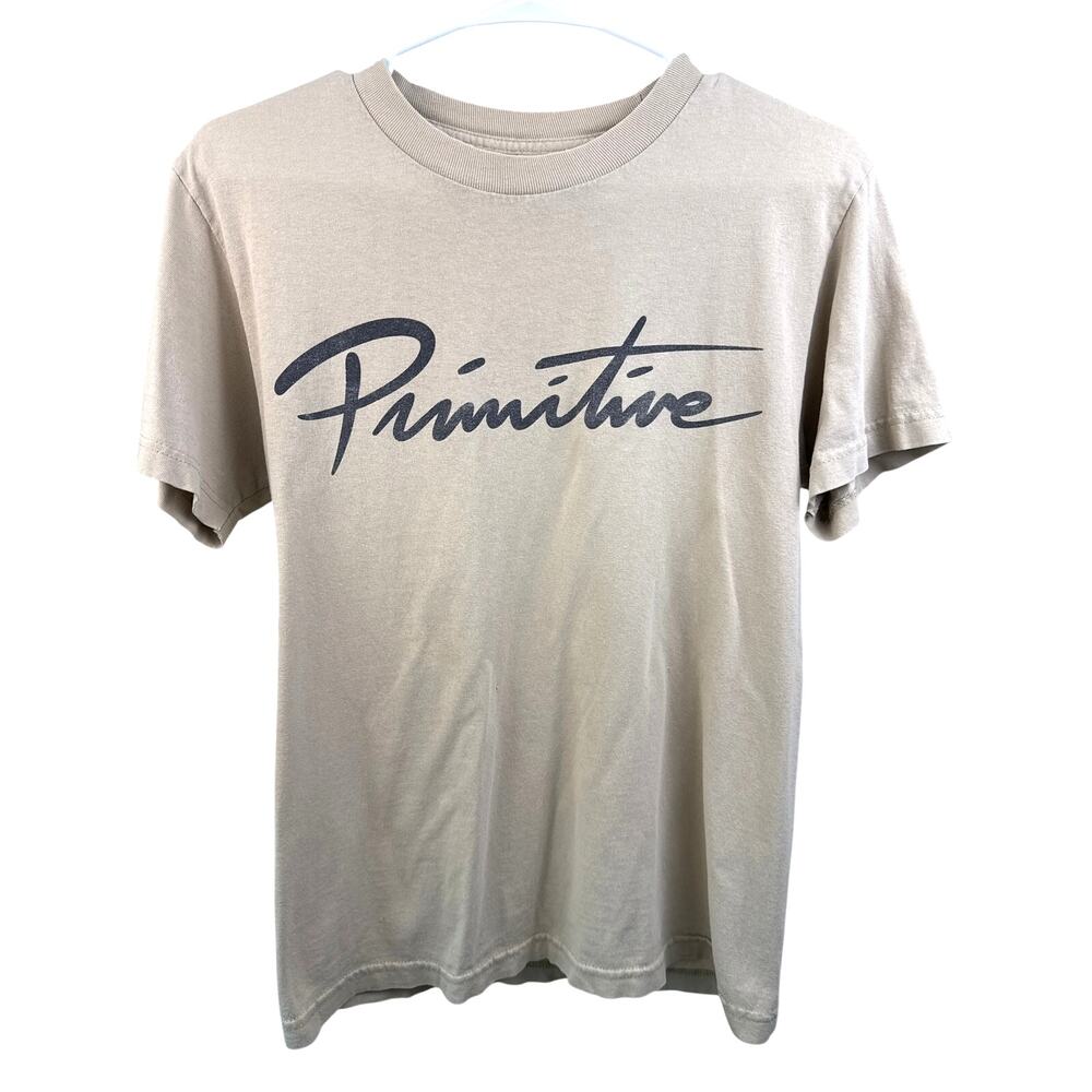 Primitive Nuevo Script Tee Sand Beige Logo Skate T Shirt Mens Small Distressed